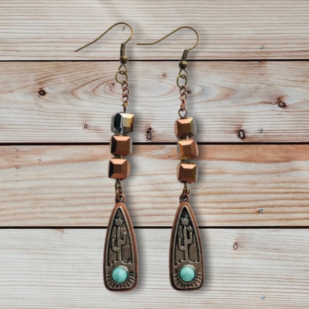 Cactus Long Chain Dangle Earrings NWT Bronze Hook